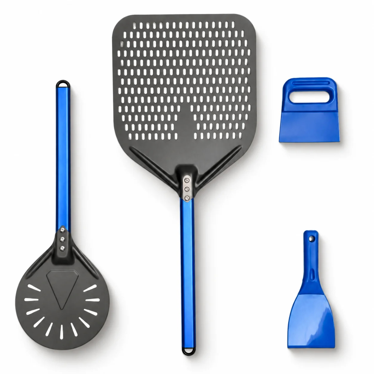 Pizza Peel Turning Peel Dough Scraper & Cutter 4 Pcs Set Hard Anodized Spatula Tools with Hanging Bracket for Pizza Oven
