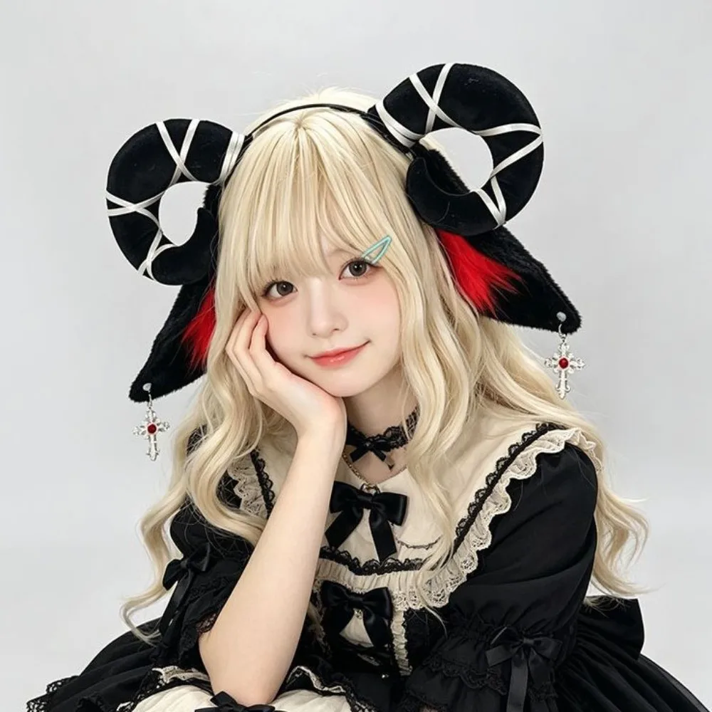 Furry Cute Devil Goat Horn Headband Plush Soft Sheep Ears Hair Band Creative Black Cosplay Headwear Halloween Party