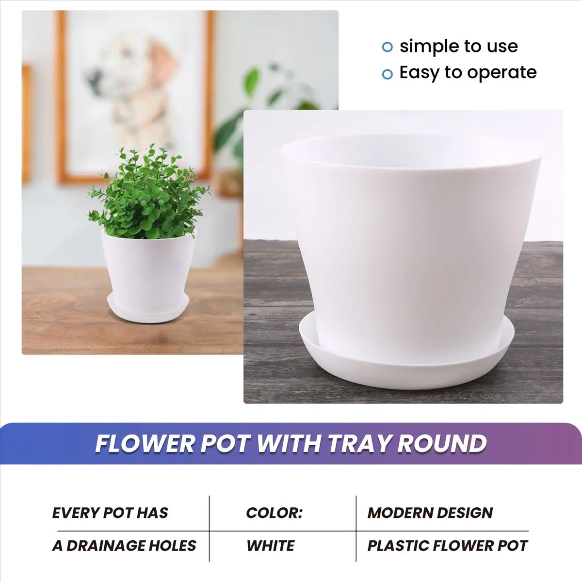 AA77 NEW Plastic Plant Flower Pot Planter With Saucer Tray Round Gloss Home Garden Decor, White Upper -, 17cm / 6.69