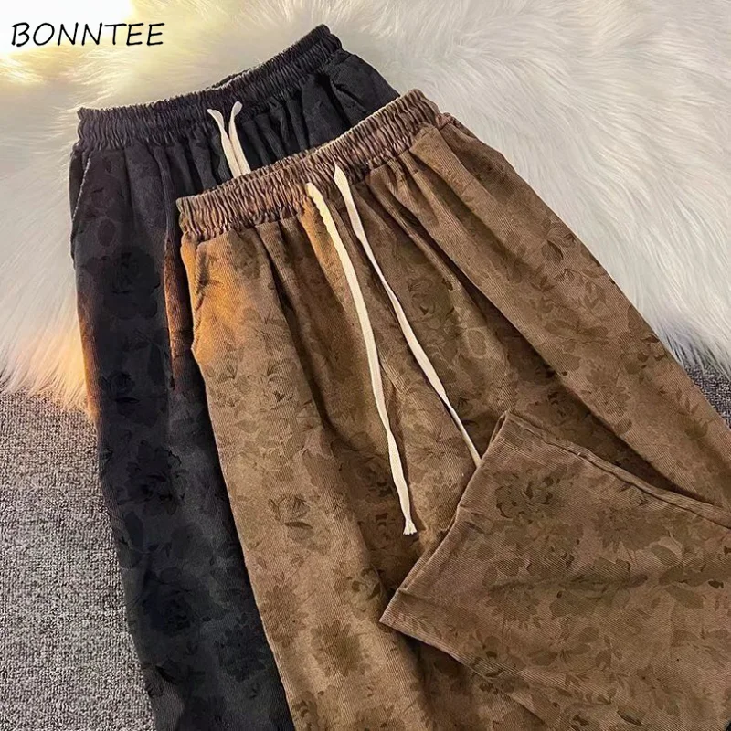 High Waist Wide Leg Pants Women Vintage Corduroy Printed Simple Loose BF Streetwear Designed New Autumn Leisure Long Trousers