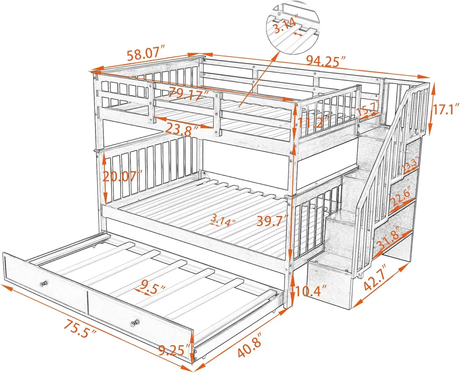 Over Full Bunk Bed with Trundle, Solid Wood Bunk Bed with Stairs and Storage, for Kids Teens Adults – Gray