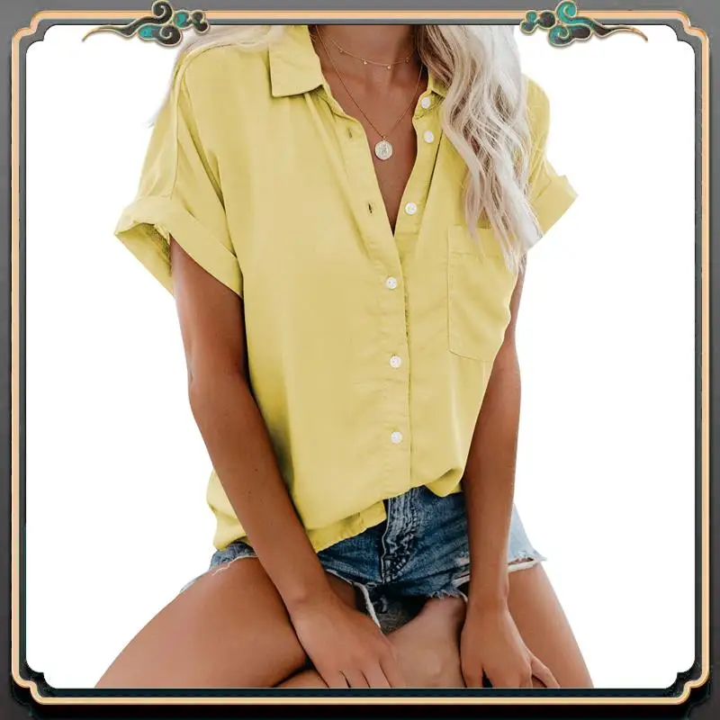

B11A-Short Sleeve Shirts For Women V Neck Loose Collared Button Down Shirt Casual Summer Tops With Pockets Beach Blouse