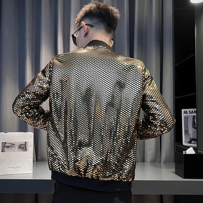 Men Shiny Sequin Windbreaker Jacket Bomber Luxury Fashion Streetwear Hip Hop Lightweight Coat Gold Disco Gothic Dance Costume