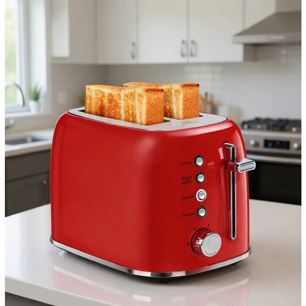Tostadora Retro de Ranura Ancha para Bagels, Descongelar, Recalentar, Cancelar, 6 Niveles de Tostado, Acero Inoxidable Rojo, 850W