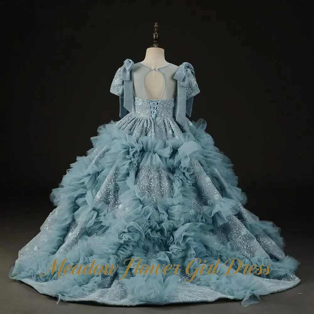 Meadow Dusty Blue Flower Girl Dress Round Neck Floor Length Princess Girls Dress with Pearls and Bow Kids Birthday Party Dress