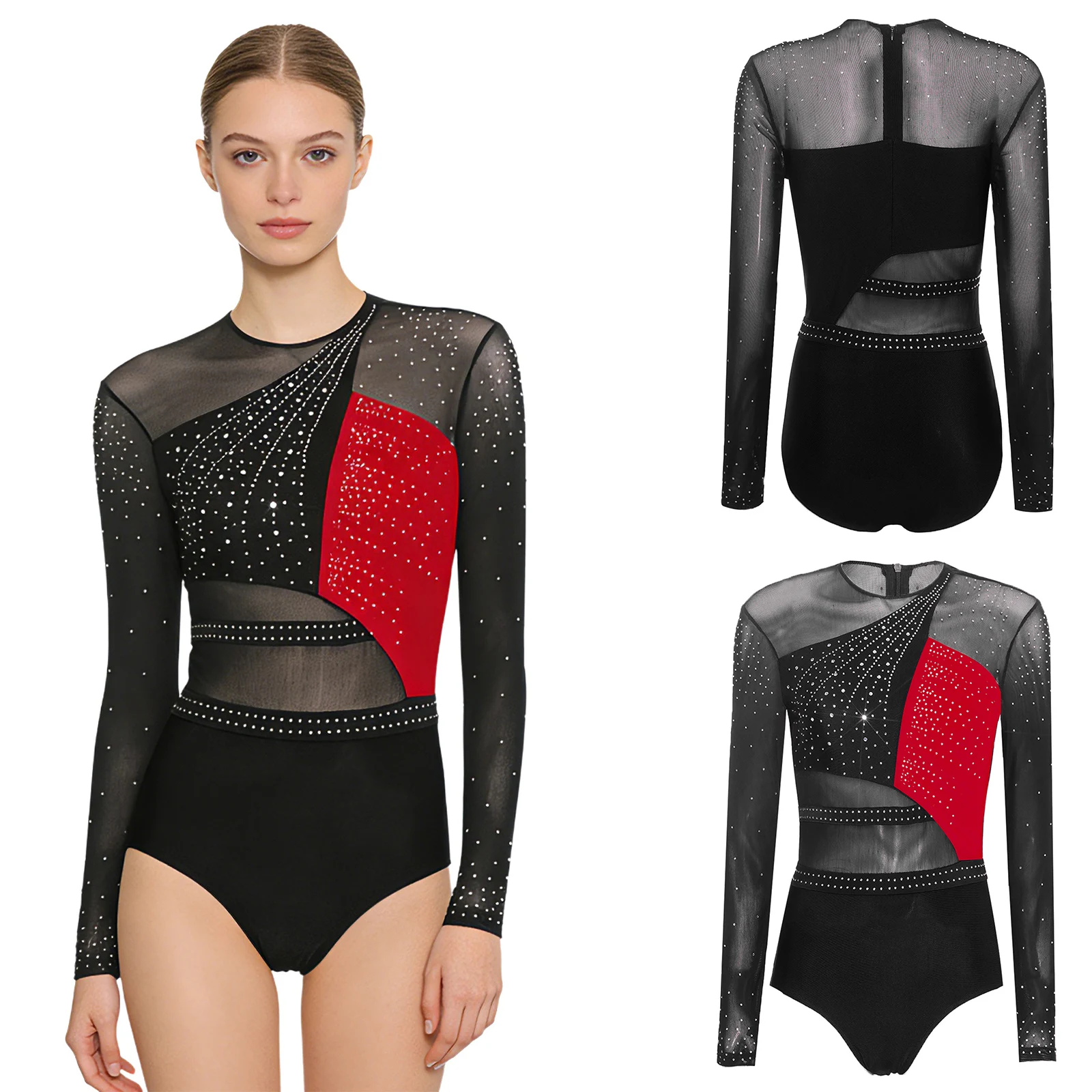 Women Figure Skating Gymnastics Acrobatics Ballet Leotard Long Sleeve Shiny Rhinestones Sheer Mesh Latin Dance Cha-cha Bodysuit