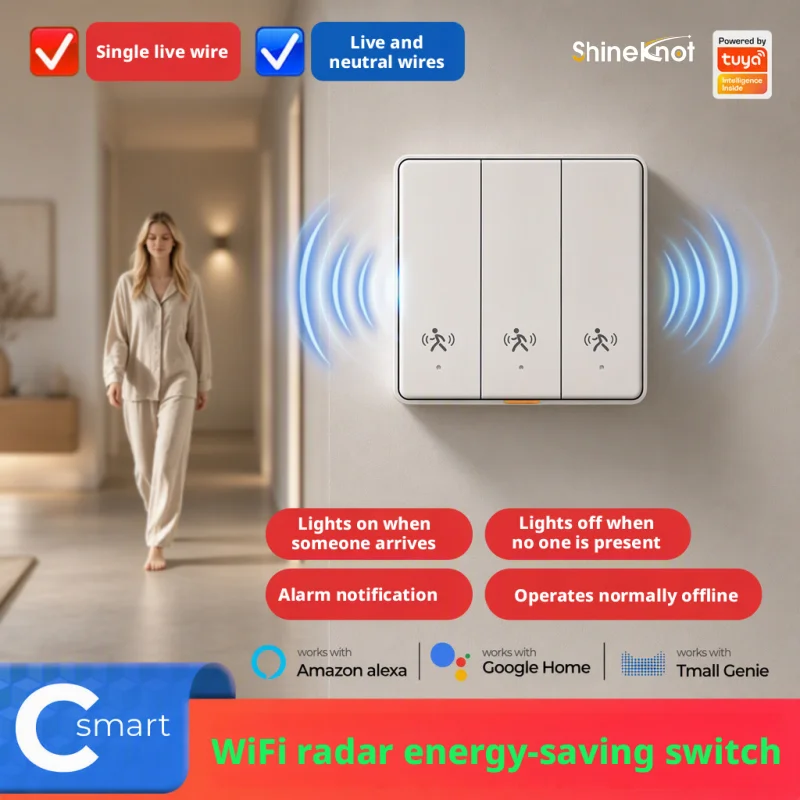 SHINEKNOT Wifi Sensing Wall Button Radar Switch Tuya Intelligent Voice Remote Control Single Neutral Wire Switch