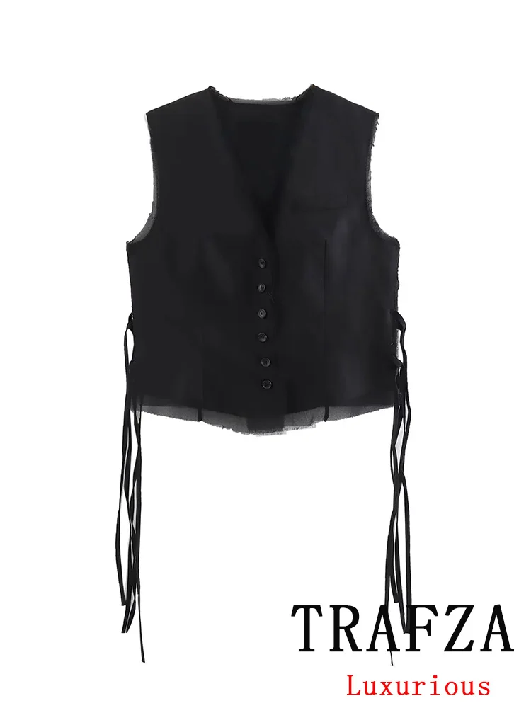 TRAFZA Vintage Casual Chic Women Tops Black Solid O-Neck Sleeveless Lace Buttons Short Vest New Fashion 2024 Summer Holiday Tops