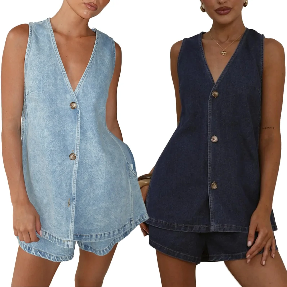 

Denim Pant Set Women Two Piece Sets V Neck Sleeveless Vest Tops Short Pants High Waist Y2k Streetwear Casual Loose Work 2026