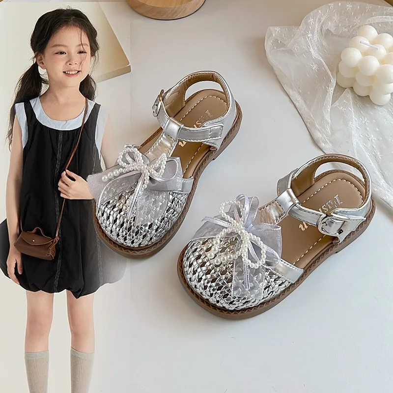 Girl Princess Shoe 2026 Summer New Korean Child Hollow-out Soft Sandal French Style Girl Anti-slip Bowknot Beach Travel Sandals