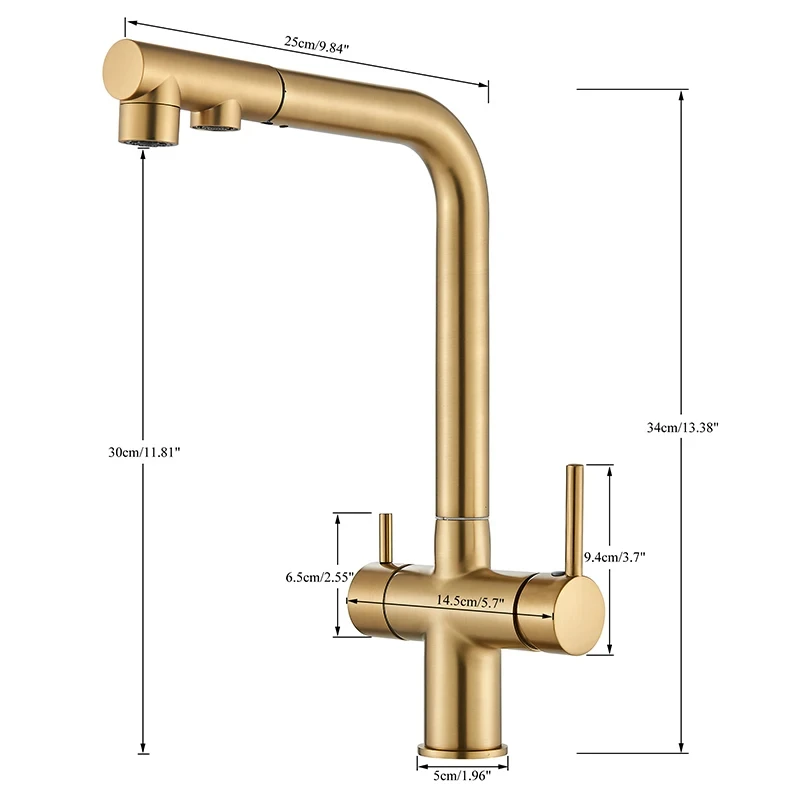 Rubinetto da cucina con filtro a trazione in oro spazzolato miscelatore per acqua calda e fredda purificazione di filtrazione a doppia modalità