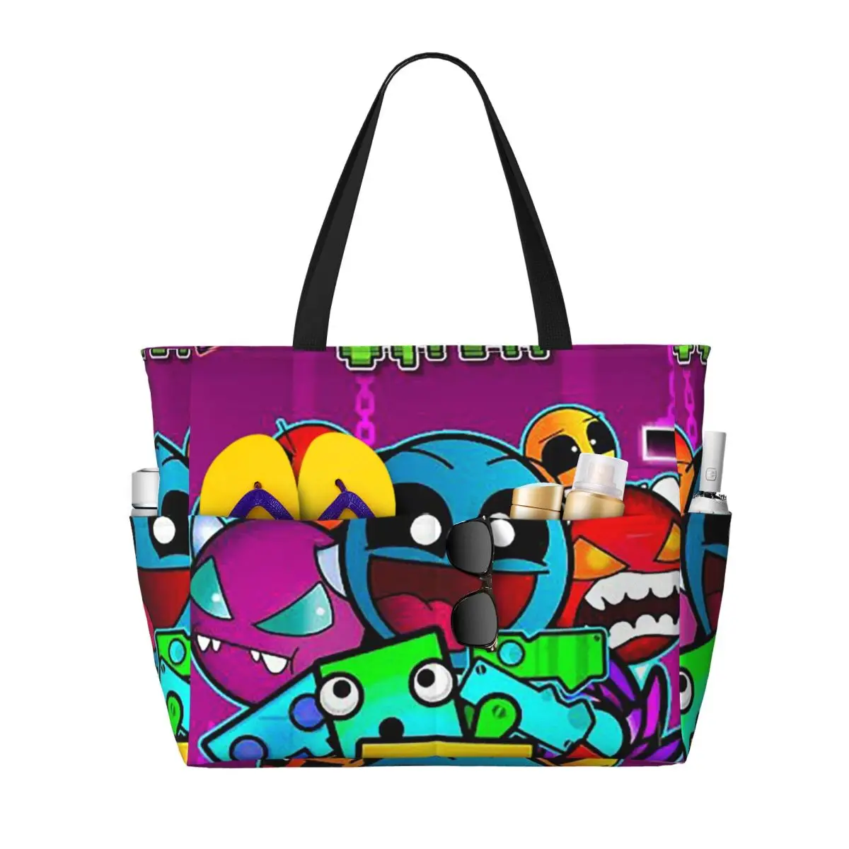 

Video Game Geometry Dash Beach Tote Bag Sport Gym Yoga Duffle Large Tote Bag Women Travel Bag Fitness bag