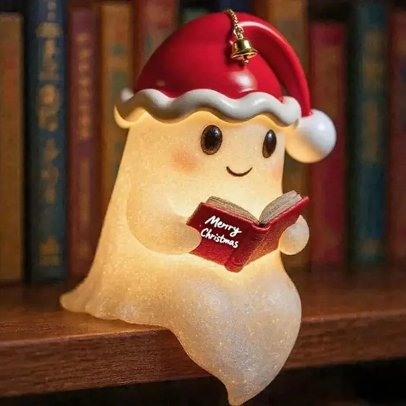 Christmas Hat Ghost Reading Book Lamp - Cute Spooky Night Light with LED Pages Holiday Decor & Gift for Book Lovers