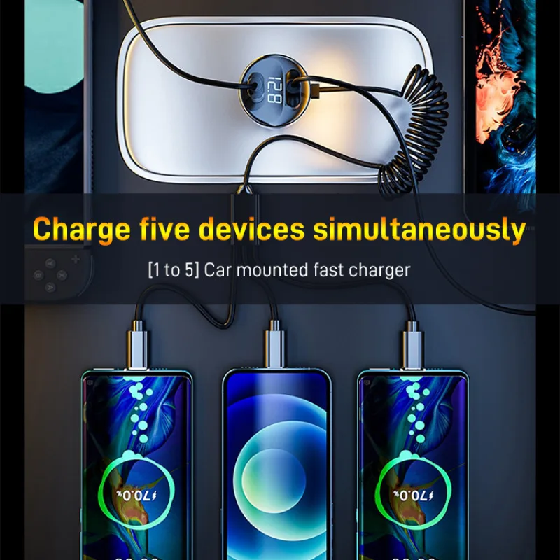 130W Car Charger With 3 in 1 Fast Charging Retractable Spring Cable PD Android Apple Type-C Car Phone Charger Super Fast Charge