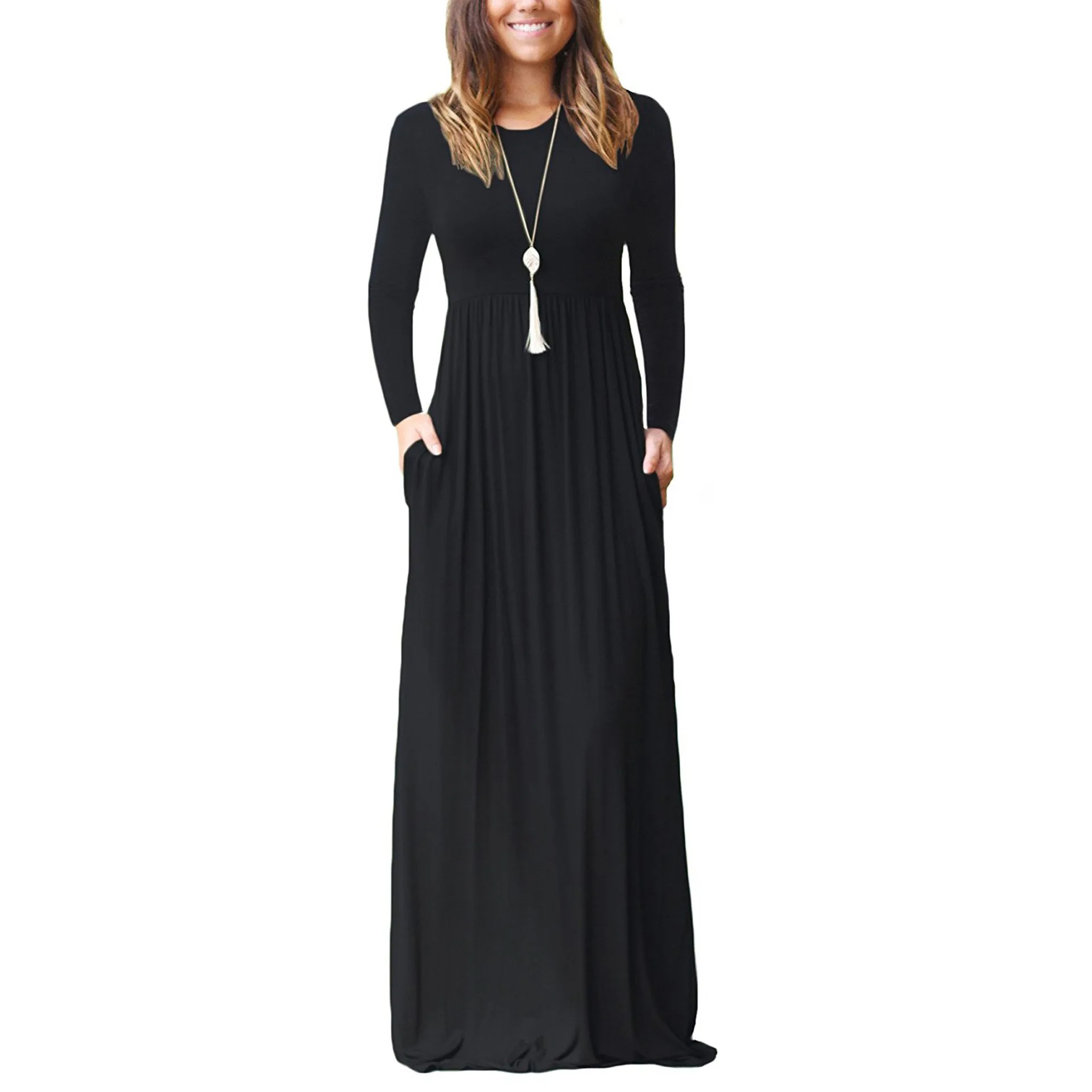 2024 Women Long Sleeve Loose Plain Maxi Dresses Casual Long Dresses with Pockets  Long Dress  Women Clothing