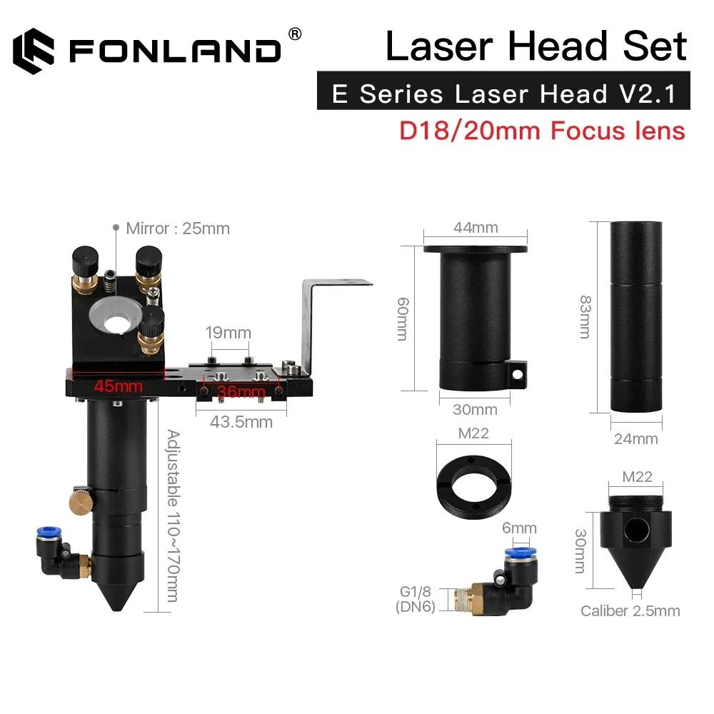 Fonland CO2 E Series Laser Head Set with Lens D20mm FL 50.8mm  63.5mm 101.6mm Mirror 25mm for Laser Engraving Cutting Machine