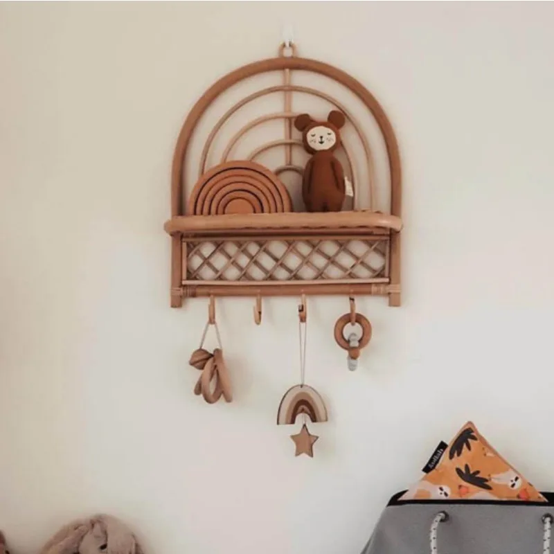Vintage Rattan Wall Mounted Coat Rack, Boho Woven Hooks for Hats Scarves Bags, Rustic Handmade Decorative Entryway Organizer