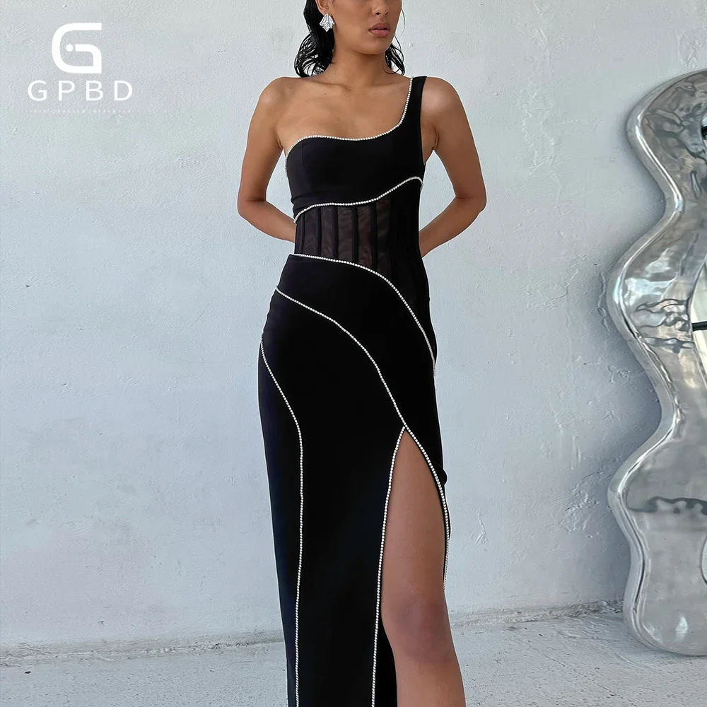 

GPBD 2024 New Women's Black Sexy One Shoulder Sleeveless Diamond Long High Slit Bandage Dress Elegant Celebrity Party Dress