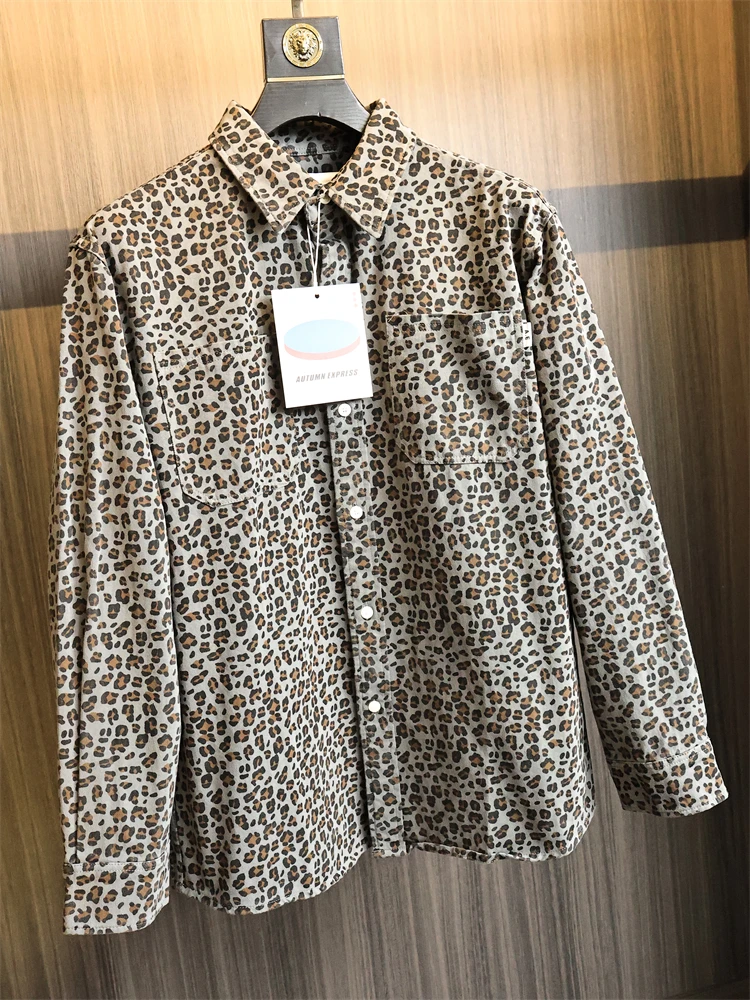 

Хлопковая фланель с леопардовым принтом в стиле ретро в американском стиле High Street Long Sve irt для мужчин, приятная для кожи, свободная посадка-стойка