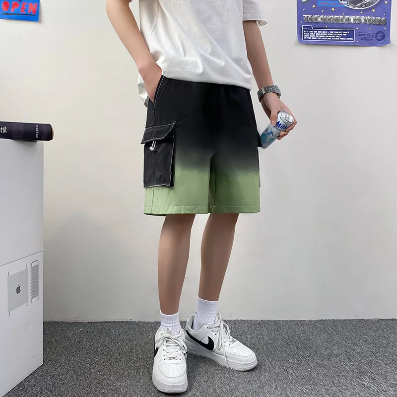 Men's Gradient Straight Shorts Summer New Fashion Loose Short Pants Male Streetwear Casual Shorts Green/Yellow/Blue/salmon pink