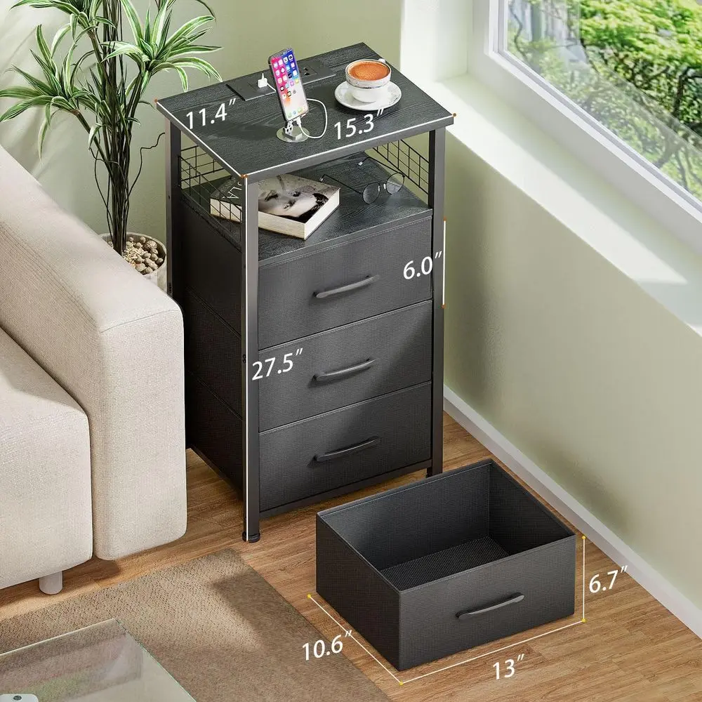 충전 스테이션이 포함된 블랙 침실 나이트스탠드 세트, LED 조명 엔드 테이블, 패브릭 서랍 및 USB 포트