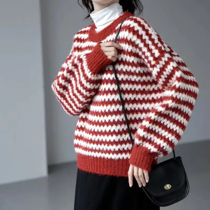 

Sweet O-Neck Spliced Loose Casual Sweaters Female Clothing 2023 Winter Oversized Knitted Korean Pullovers All-match Tops