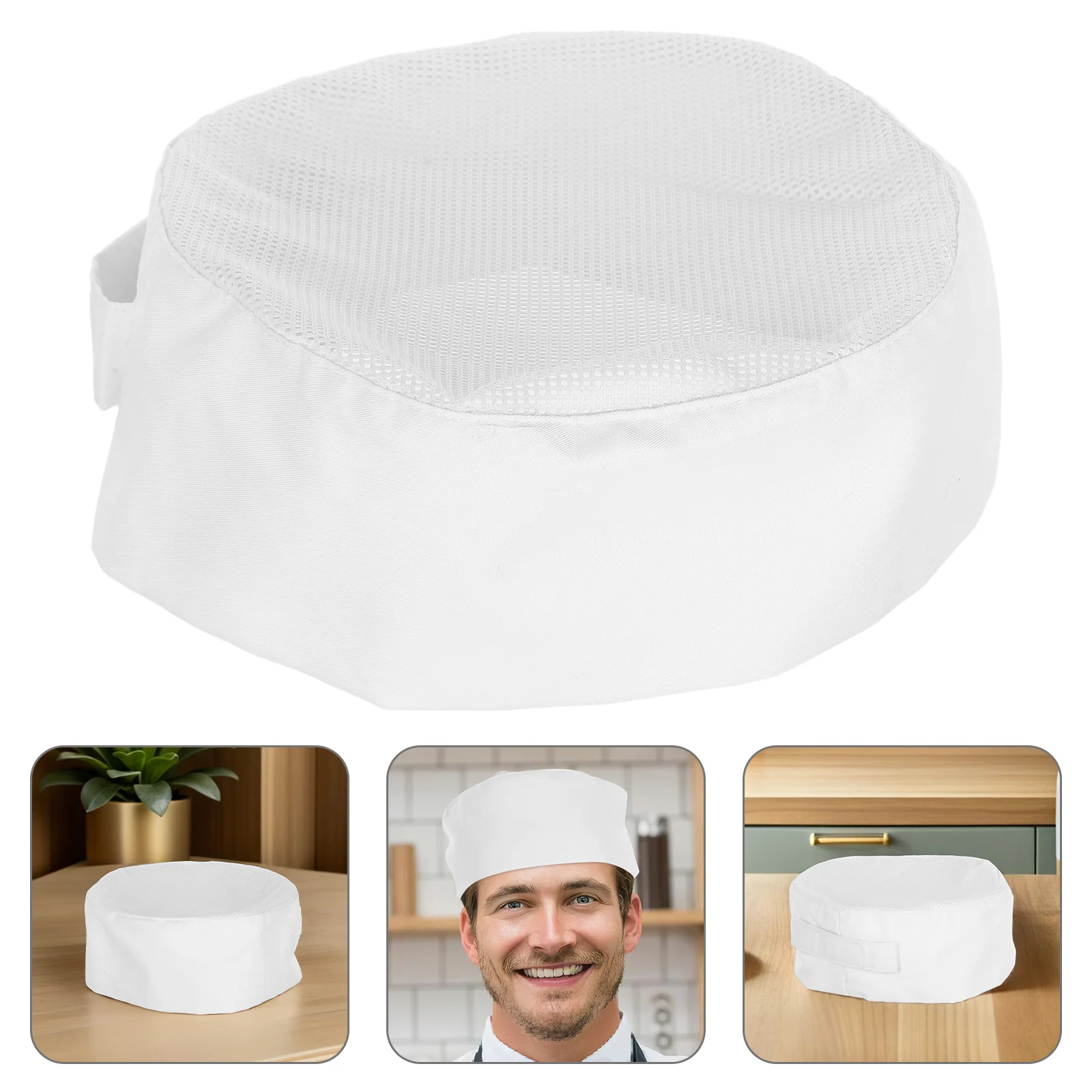 

White Chef Hat Durable Polyester Cotton Mesh Top Adjustable Strap One Size Fits Most Kitchen Catering Schools Soft Breathable