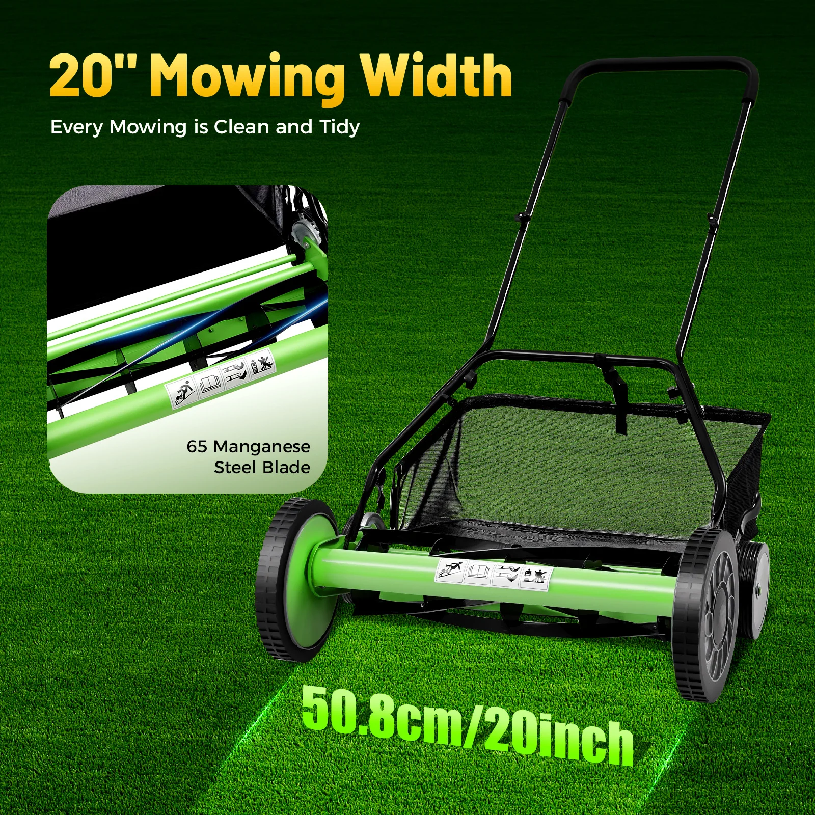 20 Inch Manual Reel Lawn Mower with 9 Height Adjustments, 5-Blade Grass Cutter for Small Garden