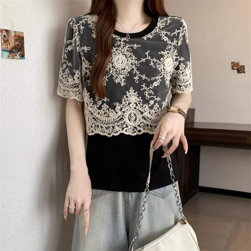 Coreano Sle Lace Splice ey ort Sve T-shirt da donna Estate New Faion Top dimagrante Traspirante Umidità ng