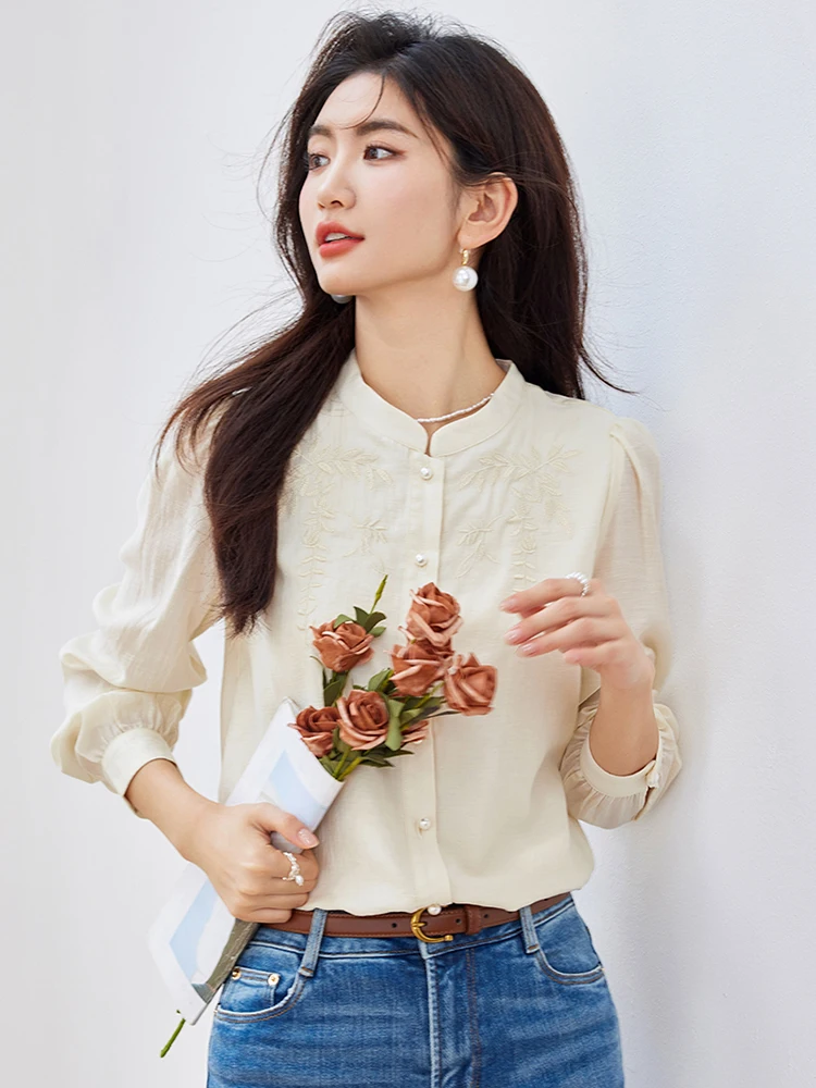 Women\'s 2024 Autumn New Chinese Style Embroidered Long Sleeve Blouses Fashion Commuting Shirts Elegant Tops