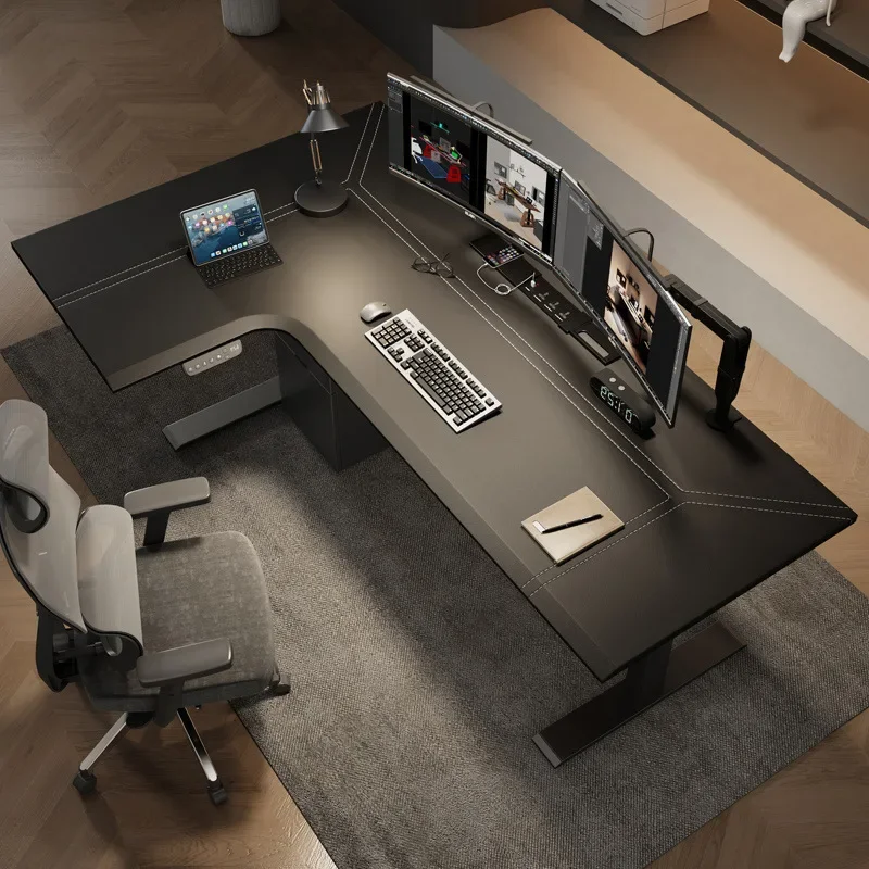 Corner electric lifting table L-type corner leather workbench desk, home e-sports