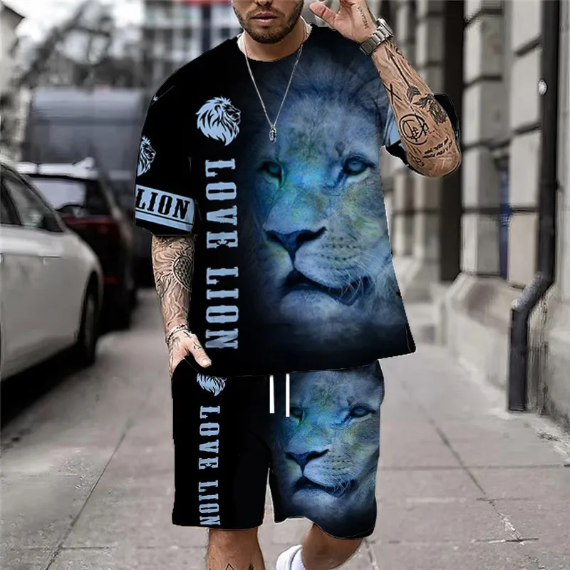 Summer Casual Men\'s Classic Lion Print T-Shirt Set Vintage Streetwear Loose Oversized Breathable Soft Short Sleeves And Shorts