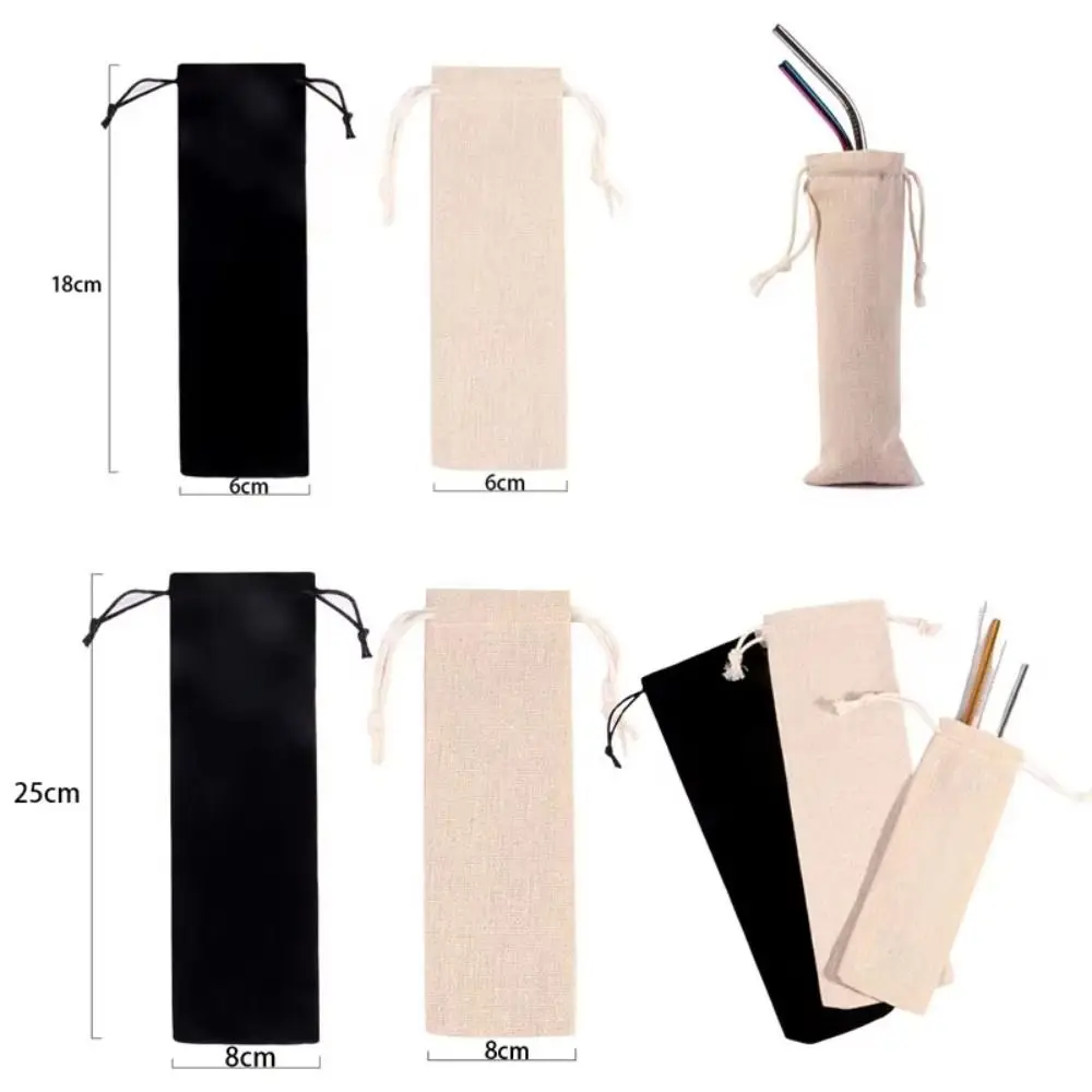 Multi-functional Cotton Linen Drawstring Pocket Dustproof Straw Storage Bag Cutlery Organizer Home