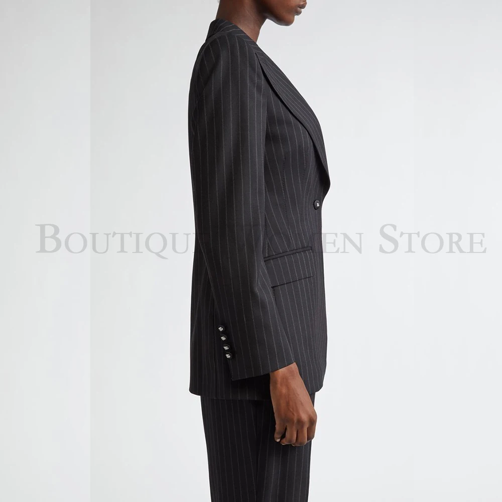 Elegant Black Strape Women's Blazer Fashion One-Button Peak Lapel Slim Fit 2 Piece Jacket Pants Sets Customzied Outfits 2026