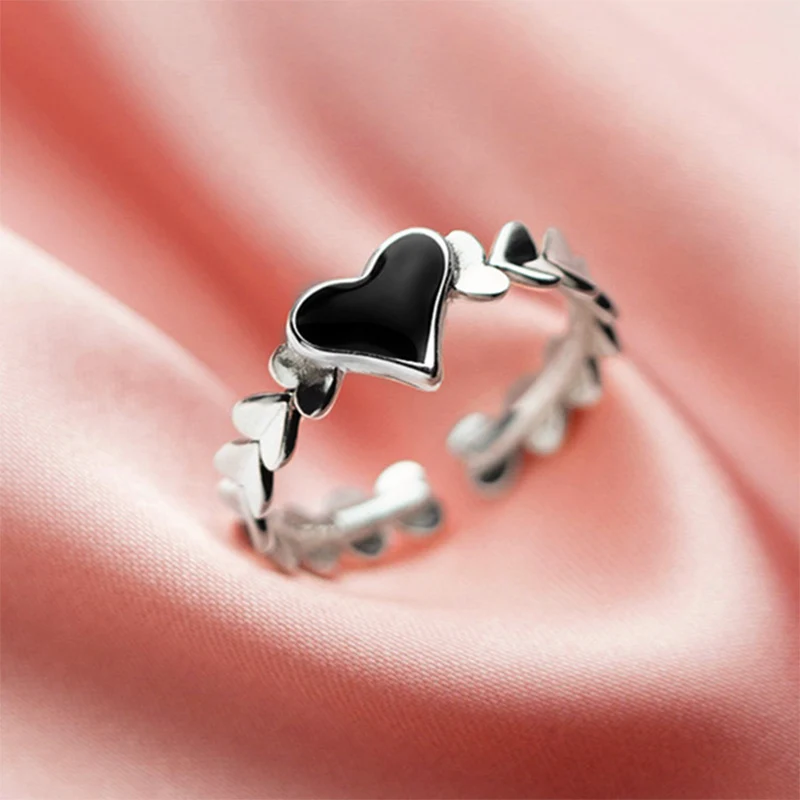 Foxanry Black Drop Glaze Love Heart Rings For Women Girls Simple Classic Sweet Temperament Fashion Cute Engagement Jewelry Gifts