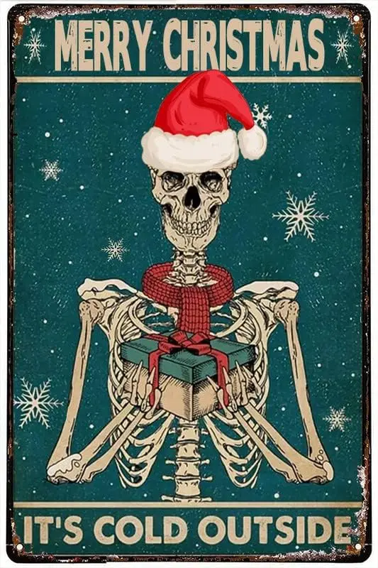 Licpact Funny Christmas Skull Decor Merry it’s cold outside skeleton Tin Sign Bathroom Skeleto