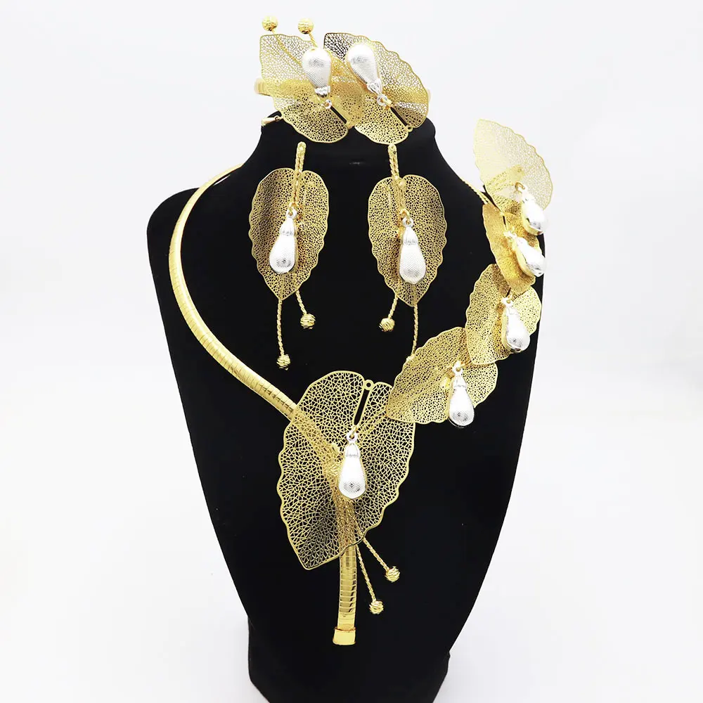 Italy 24k Gold Plated Women Luxury Jewelry Set Gold Leaf Shape Pendant Necklace Earrings Bracelet And Ring 4PCS Set Party Gift