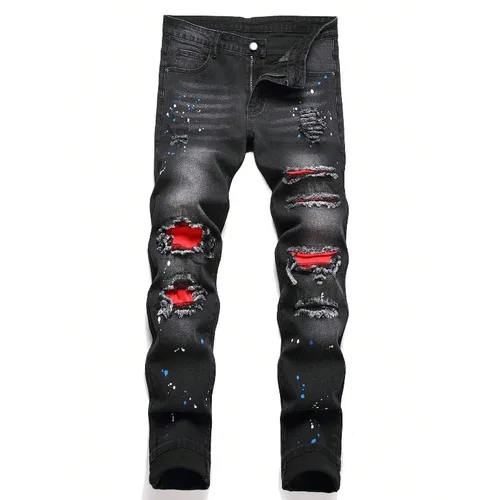 2025 otoño nuevos pantalones vaqueros elásticos de moda Patchwork rasgados pantalones ajustados europeos americanos hombre pintura Dot Hip Hop pantalones vaqueros