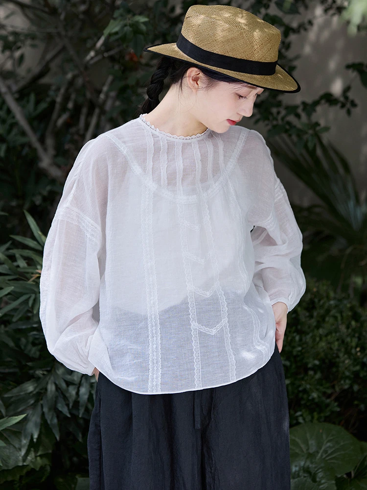 Frauen Langarm Bluse Shirt Neue Ankunft 2025, Sommer Oansatz Spitze Lose Komfortable Weibliche Casual Baumwolle Tops Shirts M1832