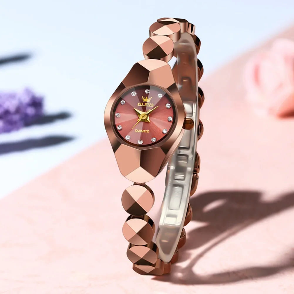 OLEVS Women Rose Gold Quartz Watch Diamond Dial Irregular Polygonal Case Tungsten Steel Bracelet Elegant Ladies Dress Wristwatch