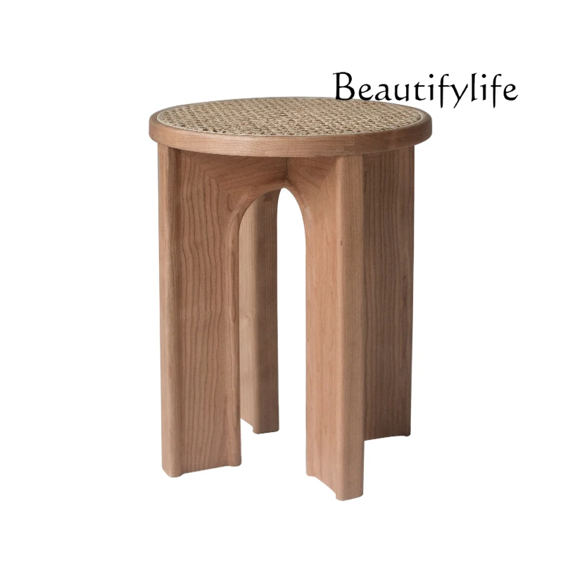 

Solid Wood round Stool Black Walnut Rattan Side Table Log Nordic Simple Dressing Stool Comfortable Small Dining Stool