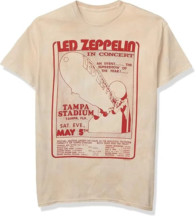 2026 New Unisex Short Sleeve T‑Shirt Retro Rock Band Tampa Stadium Gig Poster Blimp Graphic Tie‑Dye Washed Crew Neck Tops