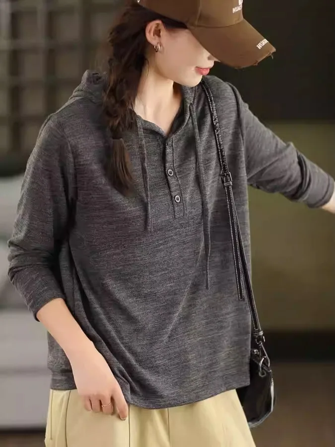 เสื้อไหมพรมทรงหลวม สีพื้น ใส่เป็นเสื้อตัวในได้ แขนยาว ผู้หญิง สวมใส่สบาย ระบายอากาศดี สำหรับฤดูใบไม้ร่วงและฤดูหนาว รุ่นใหม่