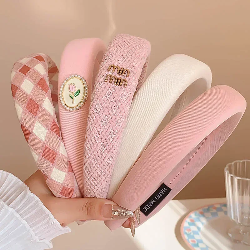 2025 Simple Pink and White Women's Versatile Pressure Hairband High Top Wide Edge Sponge Hair Clip Face Showing Small Hair Clip