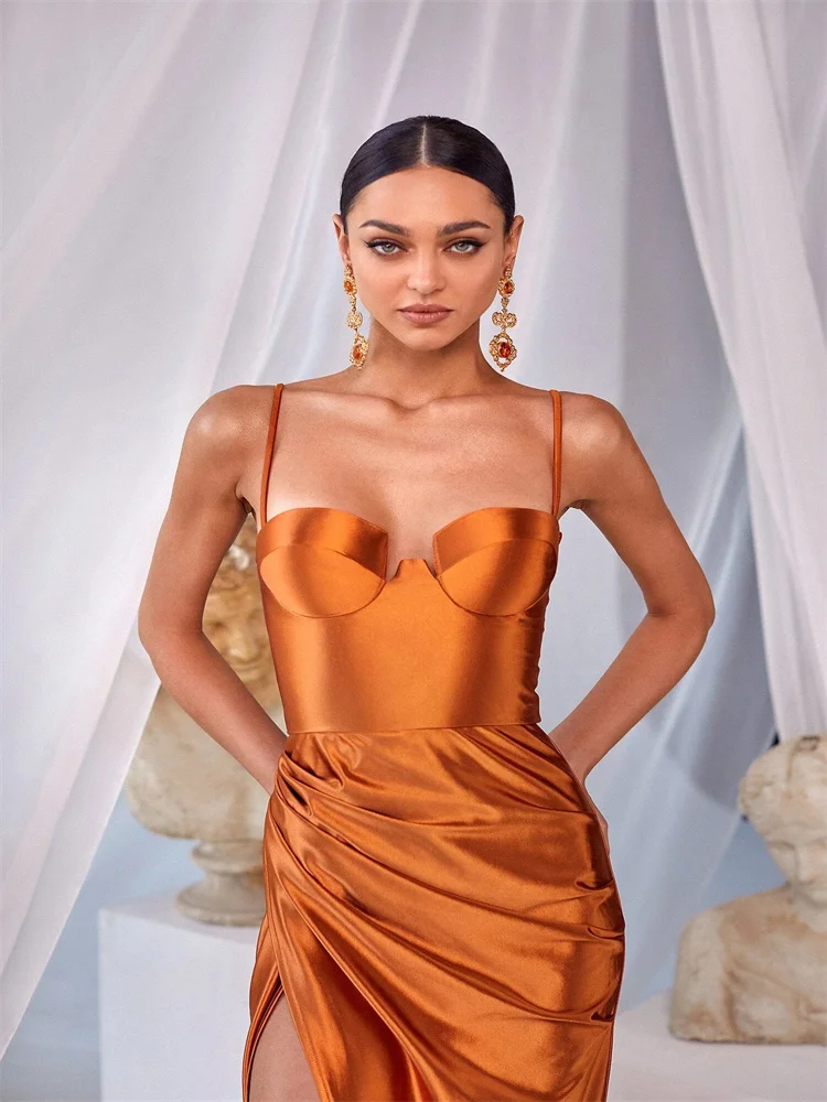 Gerade elegante Damen Ballkleid Spaghetti träger ärmellose Rücken Reiß verschluss boden lange hoch geschlitzte Ballkleider für die Abend party