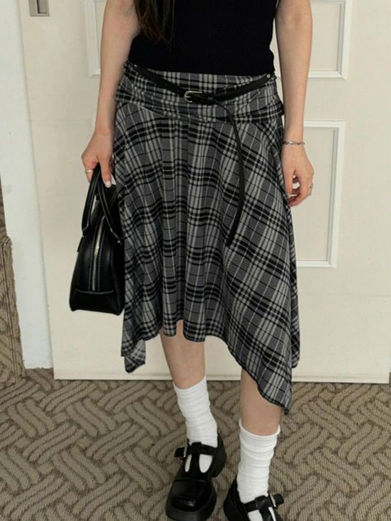 Weekeep Loose Irregular Plaid Print Skirt Vintage y2k Low Rise Midi Skirts for Women Fashion Street Style All-match Lady Bottoms