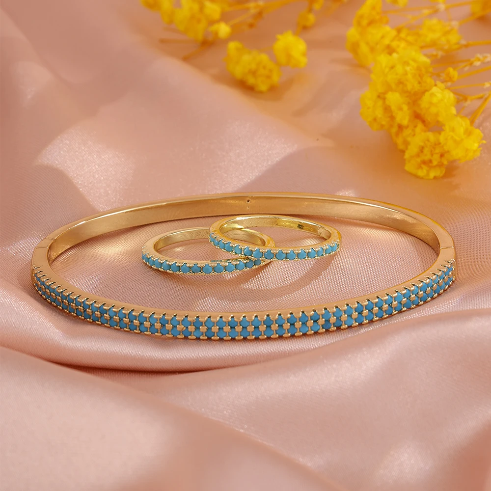 ZAKOL 3-teiliges Set: Auffälliges Doppelreihiges Rundes CZ-Armband und Ringe für Damen, Exquisiter Türkis-Zirkon-Schmuck, Einfaches Schmuckgeschenk – Detail 9