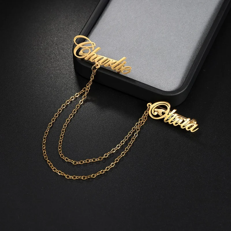 365 nova chegada personalizado 2 nome broche de aço inoxidável personalizado conexão o corrente colar broche para homens mulheres banquete jóias