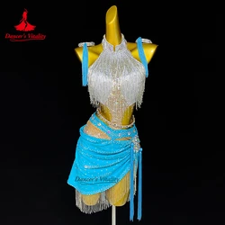 Latin Dance Performance Costume Customsized Adult Children Beads Tassel Top+short Skirt 2pcs for Female Latin Dance Stage Skirt
