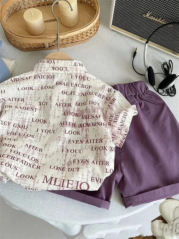 Baby Boys 2Pcs Summer Outfit Letter Print Short Sleeve Lapel Shirt Purple Cuffed Pocket Shorts Kids Casual Clothing Set